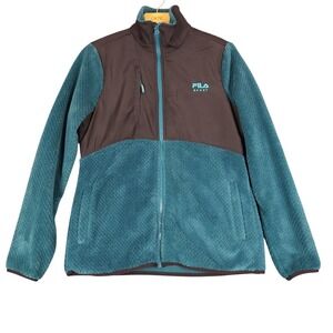 Fila Sport Fleece Jacket Zip‎ Up Brown Teal Color Block Logo Size S
